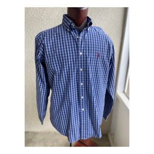 Vintage 90s Ralph Lauren Blue Plaid Dress Shirt Sz L 16 1/2 Hong Kong